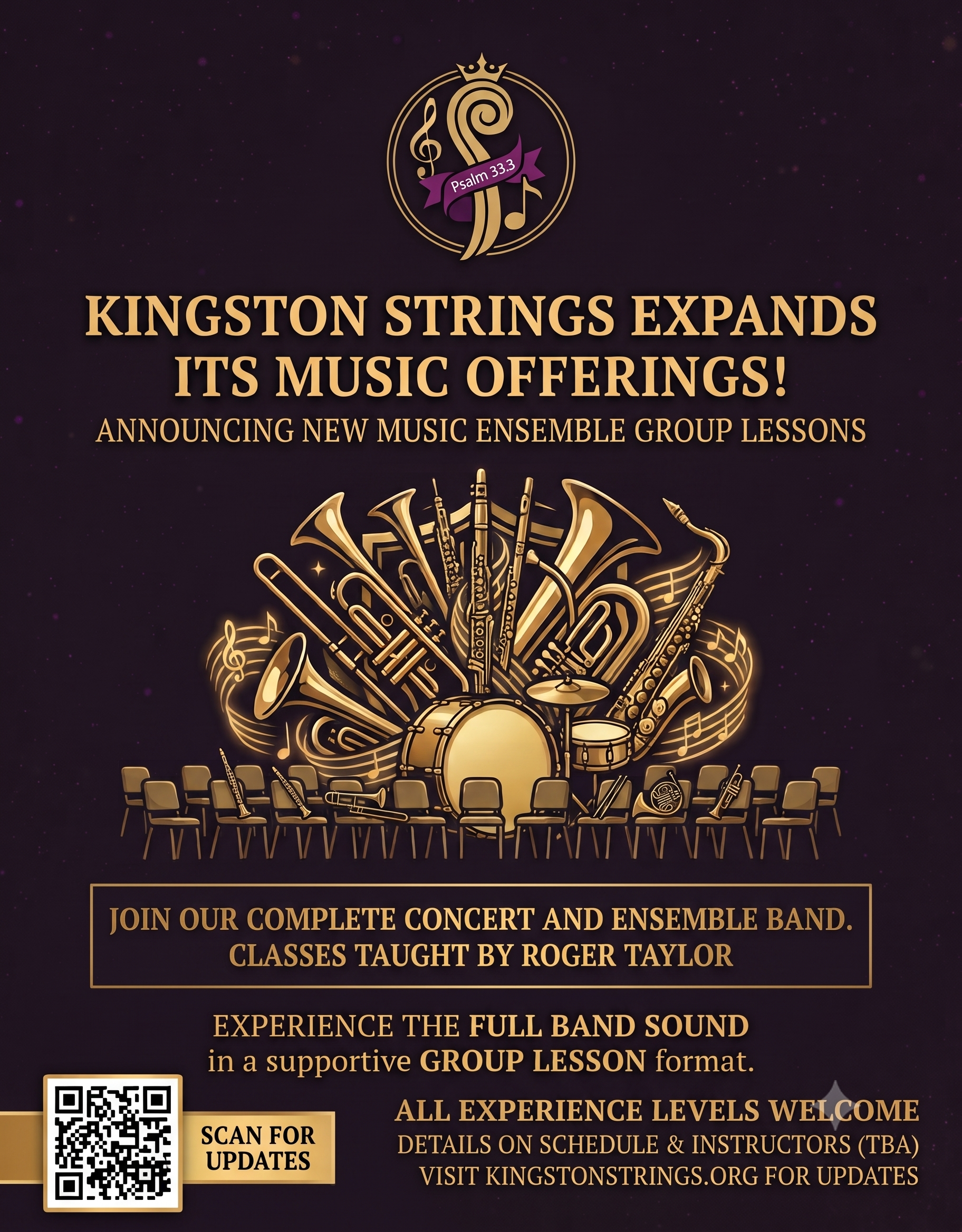 Kingston Strings band practice — a new music ensemble group lesson taught by Roger Taylor, open to all experience levels.