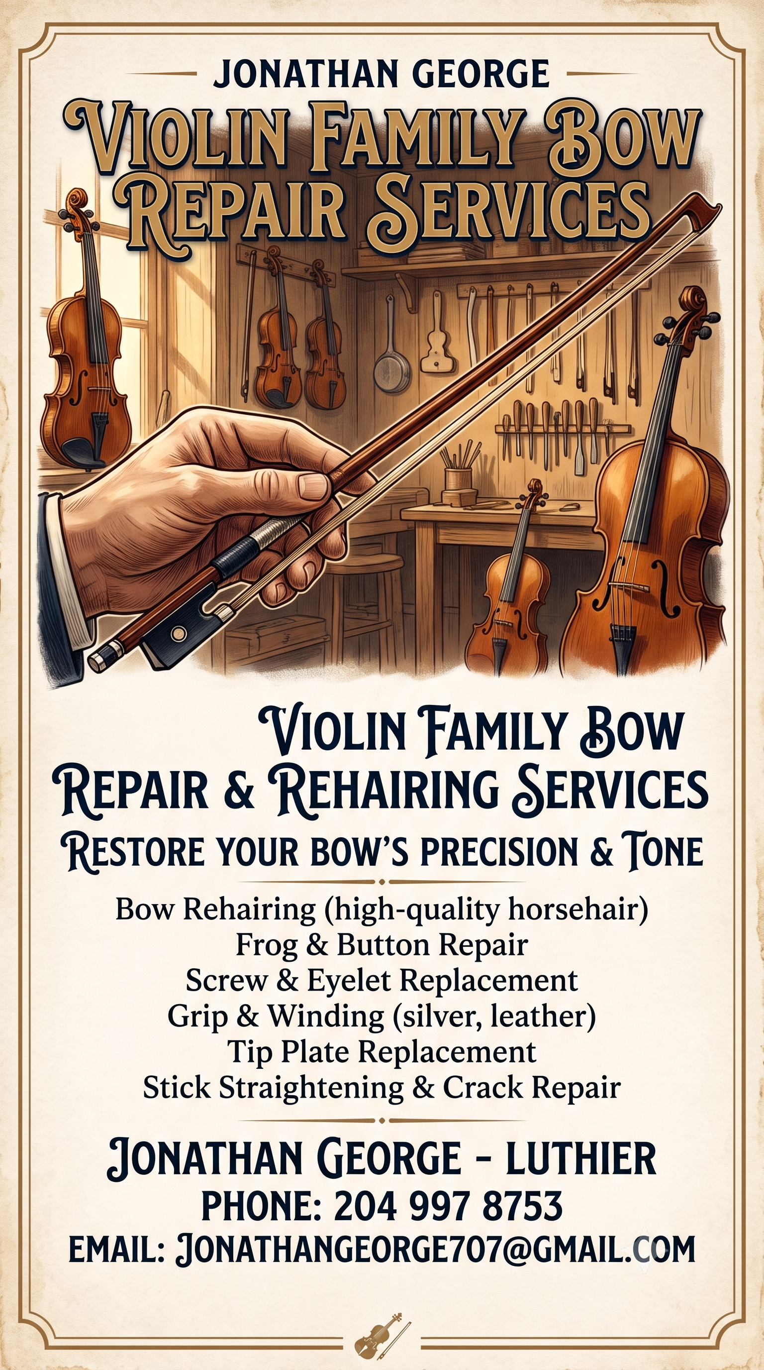 Jonathan George — Violin Family Bow Repair Services. Bow rehairing with high-quality horsehair, frog and button repair, screw and eyelet replacement, grip and winding, tip plate replacement, and stick straightening and crack repair.