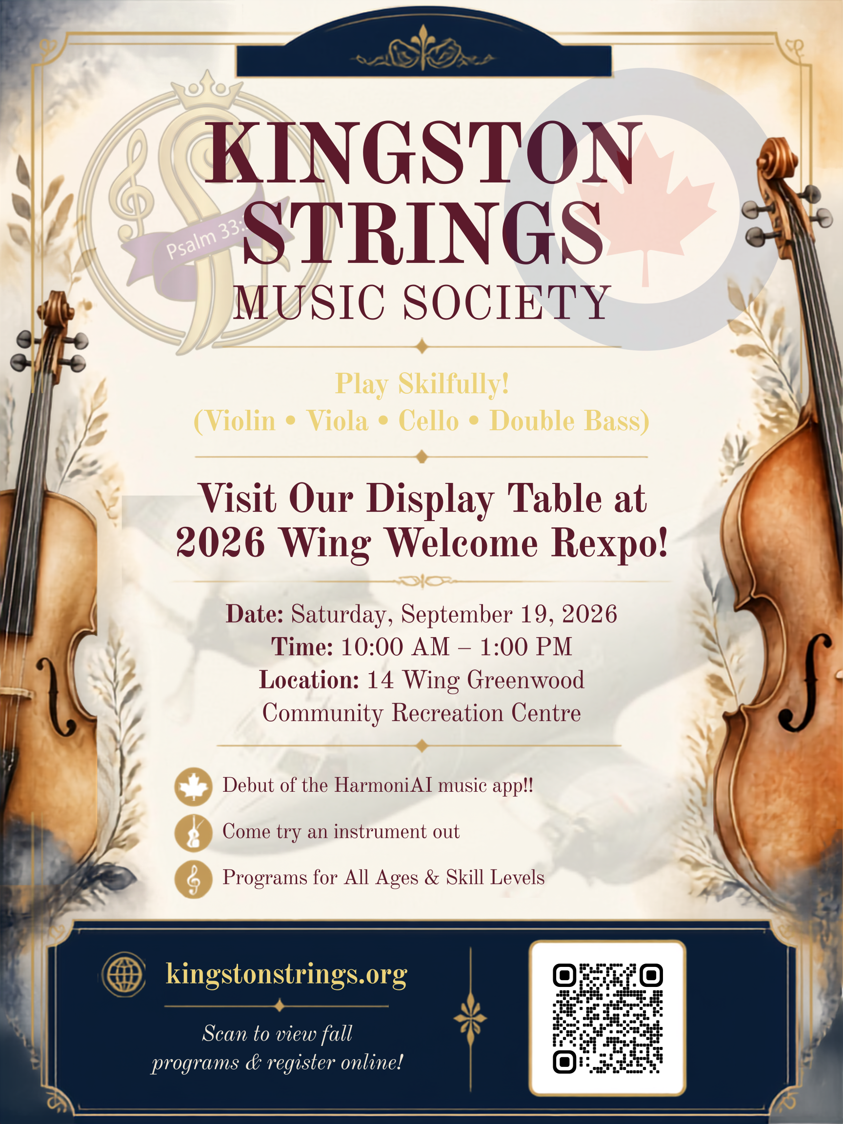 Kingston Strings Music Society at Wing Welcome Rexpo 2026. Saturday, September 19, 2026 from 10:00 AM to 1:00 PM at 14 Wing Greenwood Community Recreation Centre.